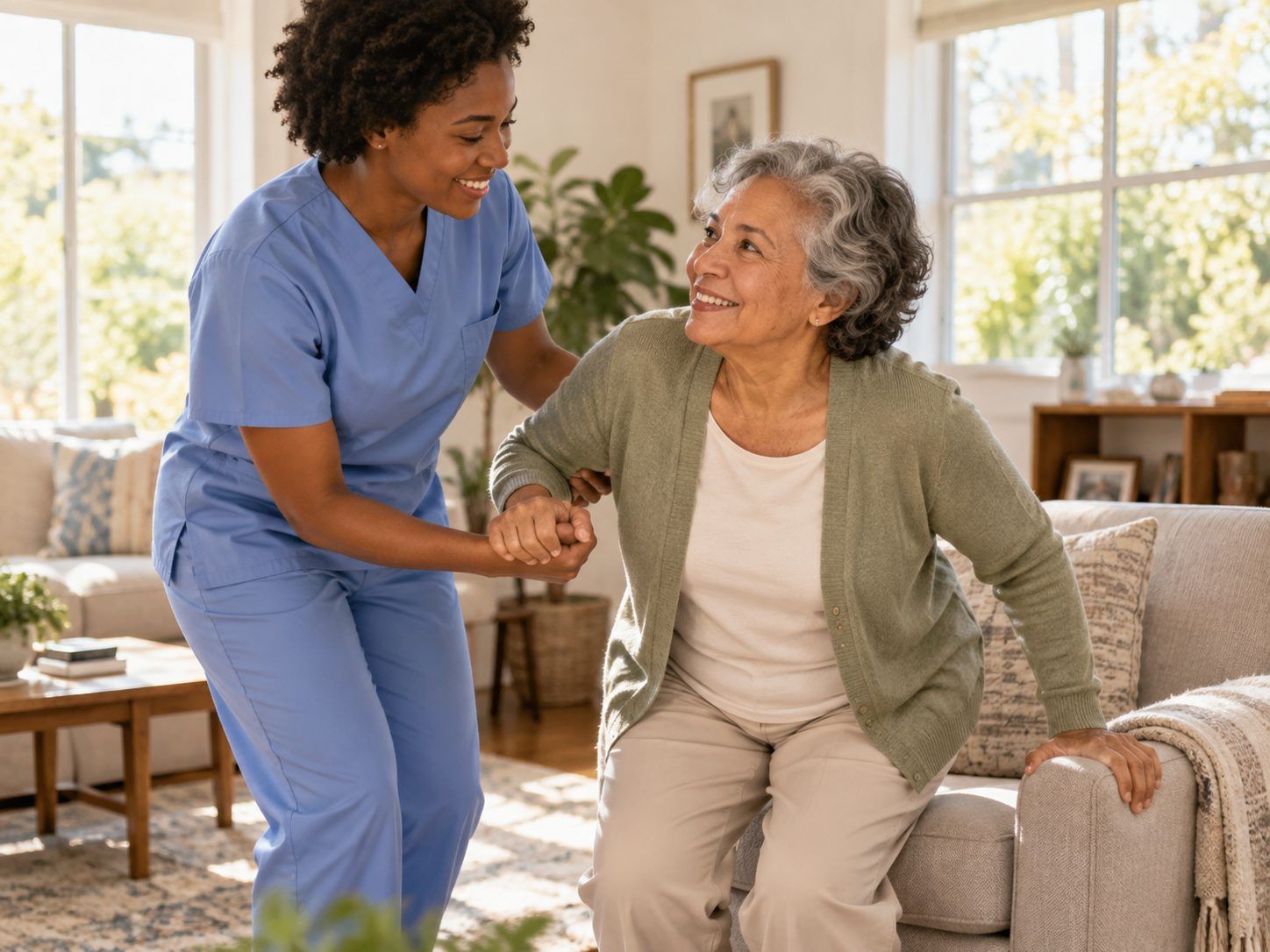 A caregiver in blue scrubs steadies an older woman's arm as she rises from a sofa in a sunny living room