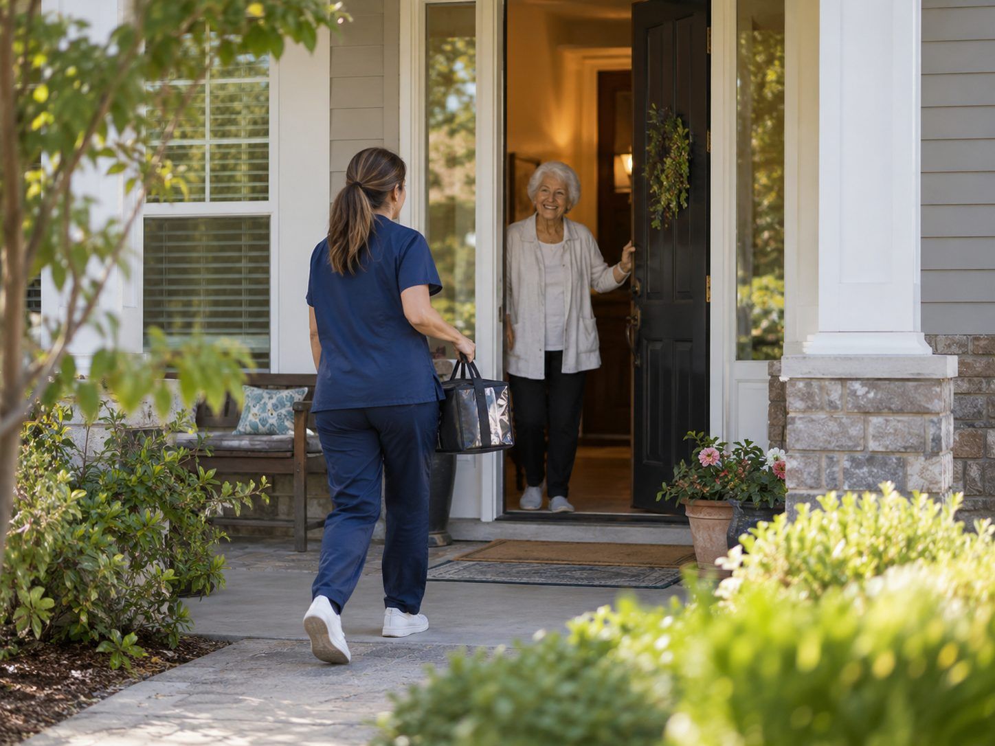 A caregiver in navy scrubs carrying a bag walks up a front path toward an older woman smiling at her open front door