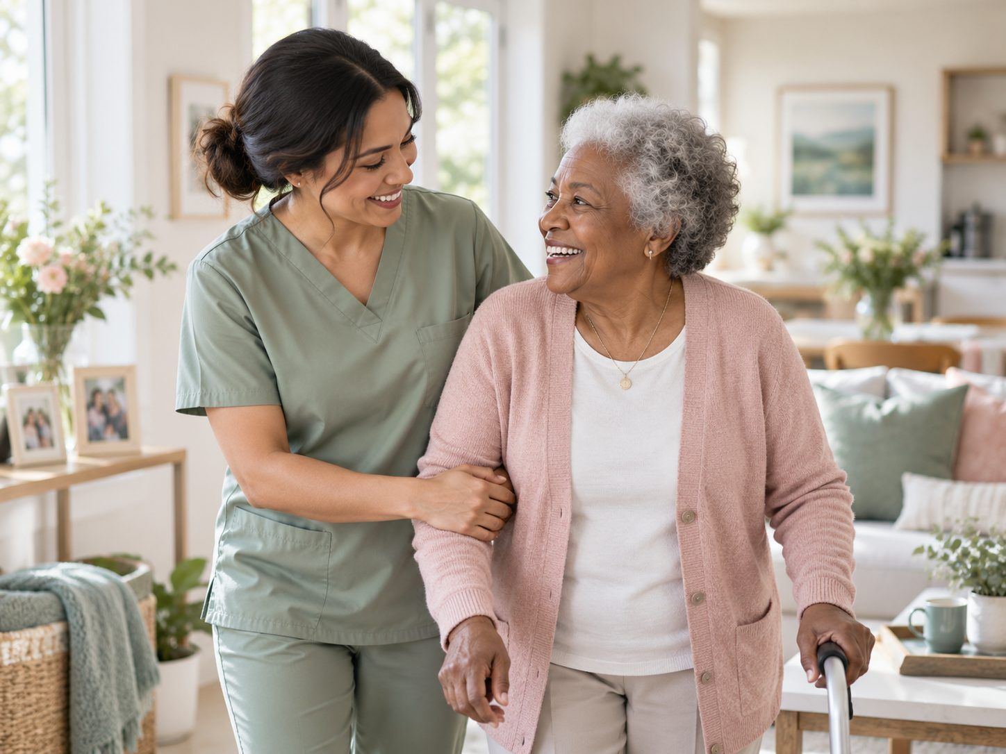 A caregiver in green scrubs walks arm in arm with a smiling older woman through a bright living room